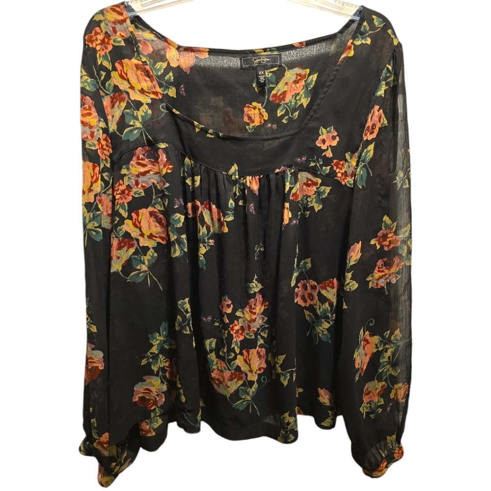 Jessica Simpson Sheer Blouse Black Floral Long Sleeve Plus Size 2X